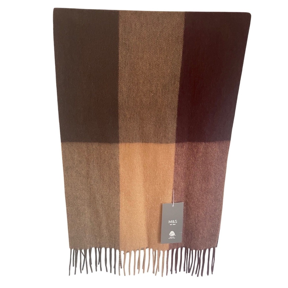 NWT Marks & Spencer Wool Blend Block Plaid Scarf Fringe Beige Burgundy